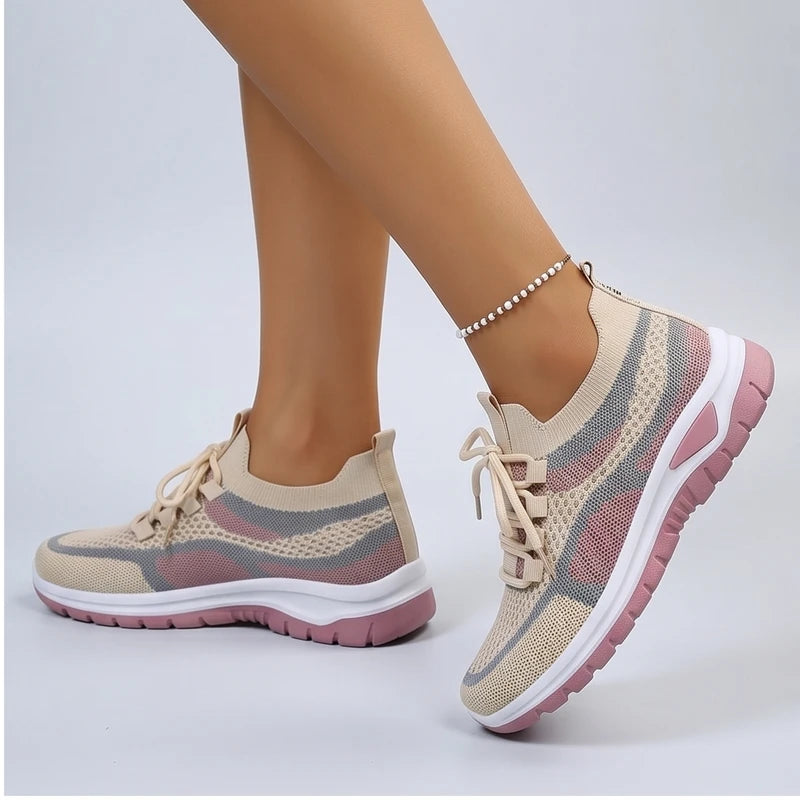 Model wearing Khaki Kesslyn Mesh Running Sneakers in studio - 2