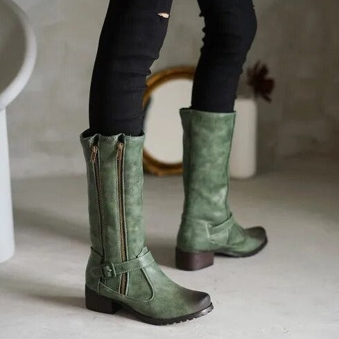 DOUBLE ZIPPER MID-CALF BOOTS