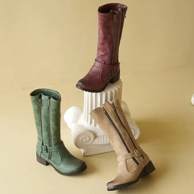 DOUBLE ZIPPER MID-CALF BOOTS