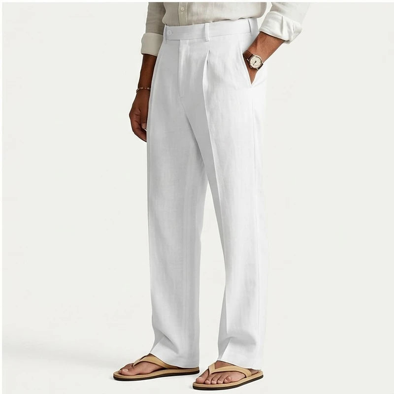 Model wearing White Wyatt Straight Leg Linen Trousers in studio - 2