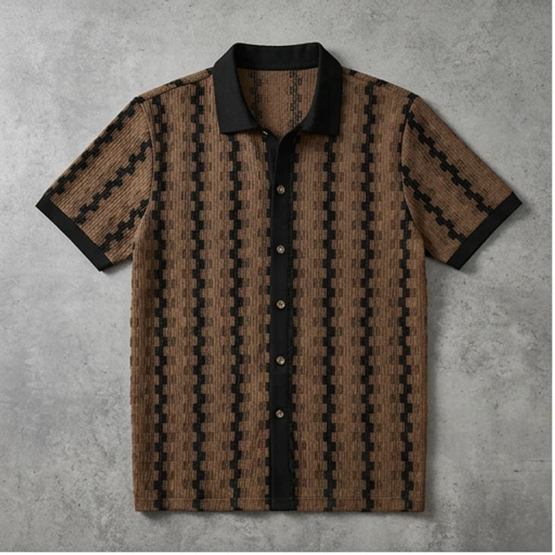 Camel 2026 New Men's Vintage Plaid Knitted Top, Lapel Contrast Color Patchwork Short Sleeve, Soft Spring Summer Casual Cardigan Shirt flat lay product photo