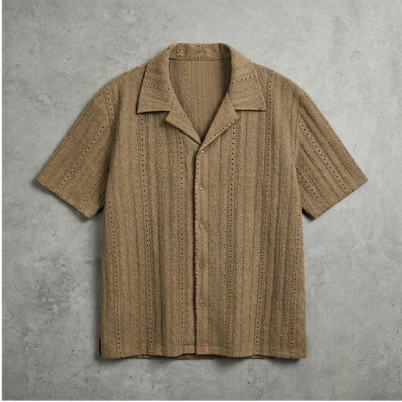 Brown Hawaii Beach Vacation Old-money Style Hollow-out Breathable Cuban Collar Short-sleeve Shirt Unisex Loose-fit Half-sleeve Shirt flat lay product photo