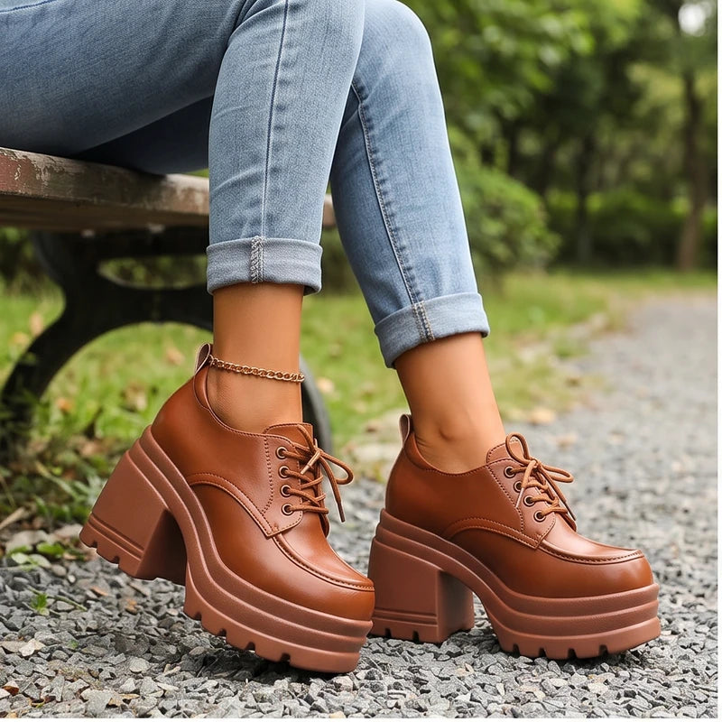 Model wearing Brown Veya Chunky Platform Leather Boots outdoors