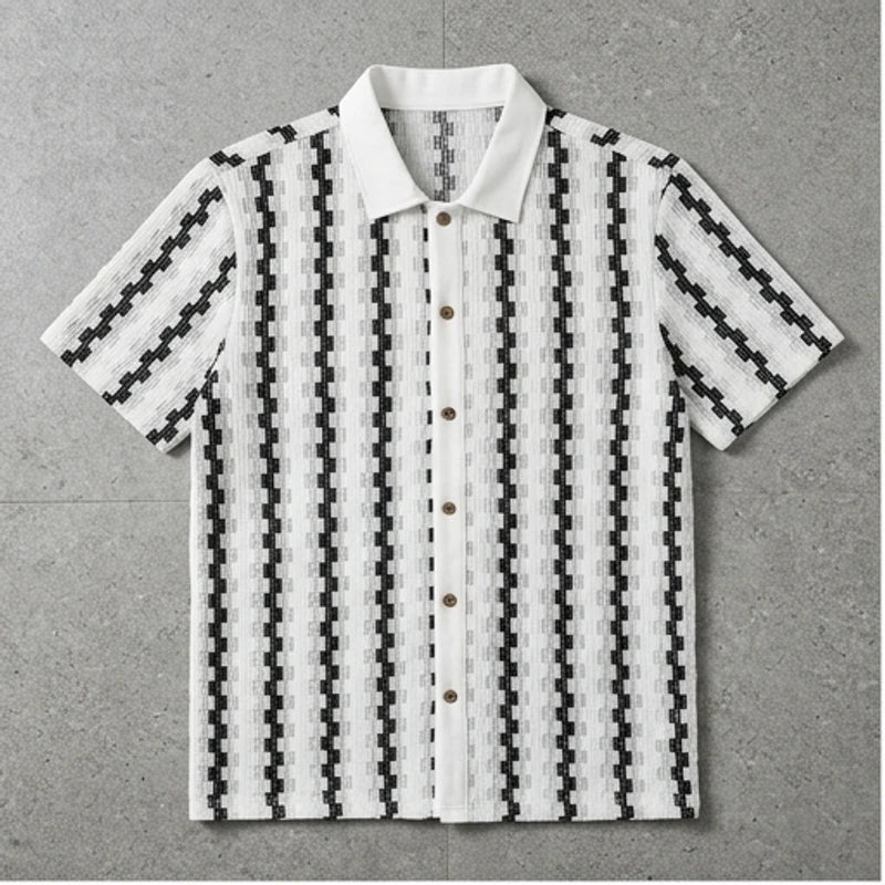 Beige 2026 New Men's Vintage Plaid Knitted Top, Lapel Contrast Color Patchwork Short Sleeve, Soft Spring Summer Casual Cardigan Shirt flat lay product photo