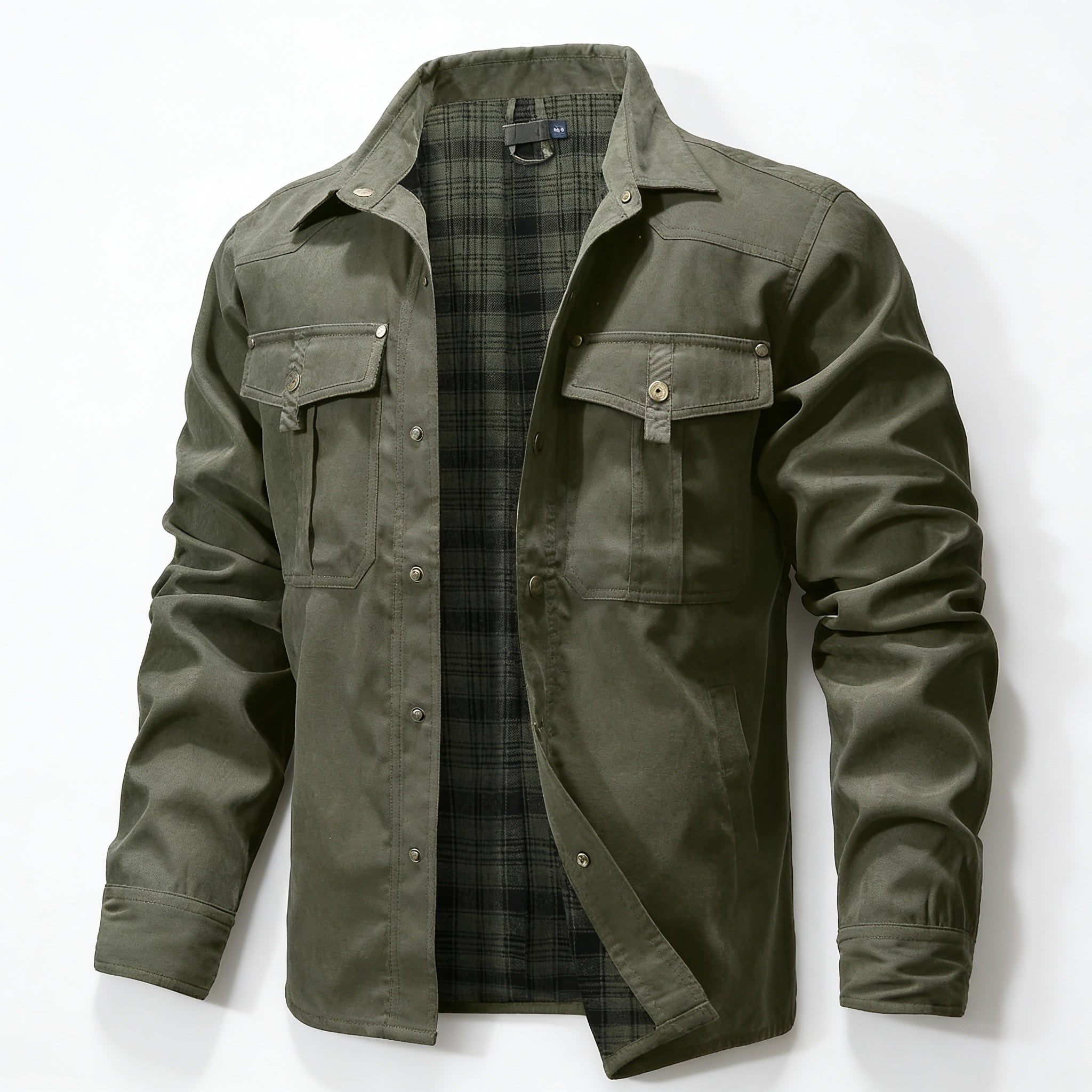 Green jacket with plaid lining on a white background