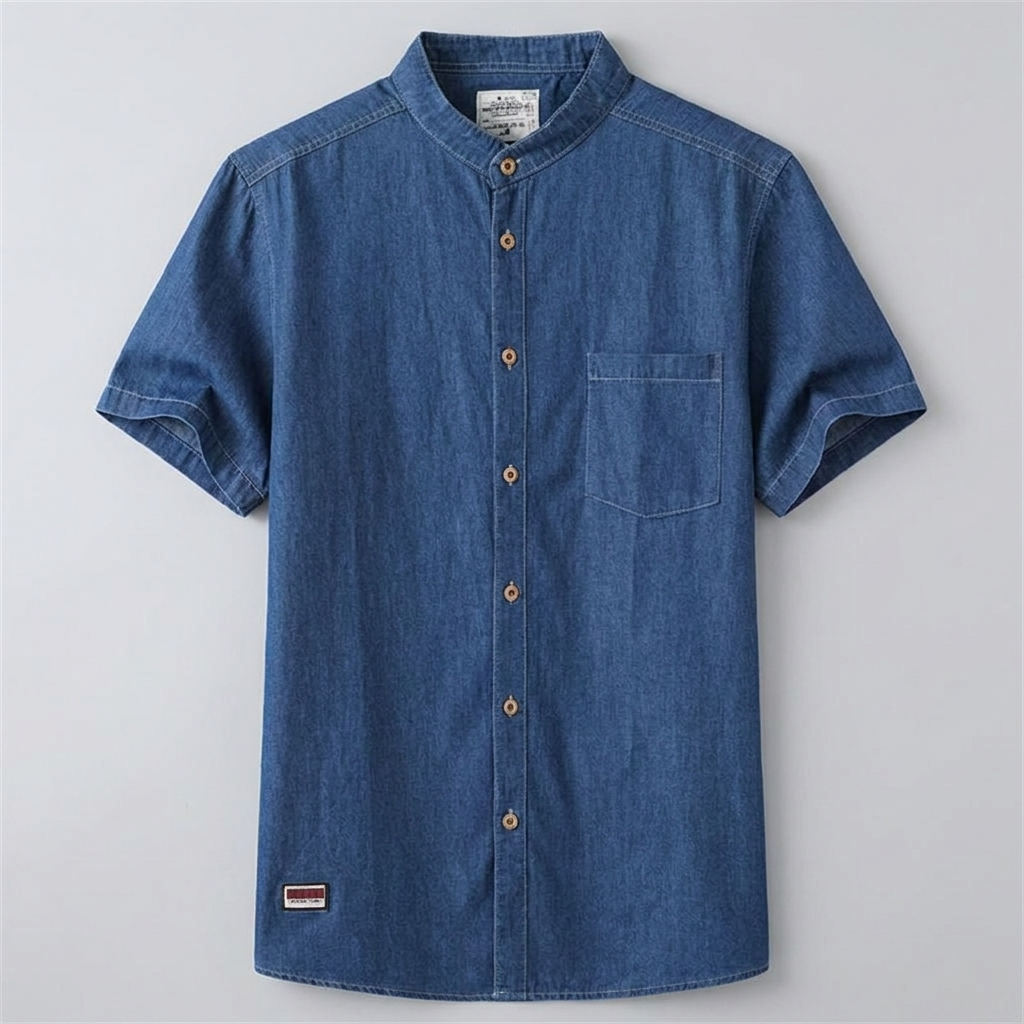 Dark blue cotton denim shirt, front view flat lay