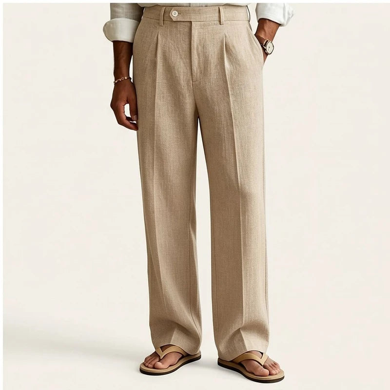 Model wearing Brown Wyatt Straight Leg Linen Trousers in studio - 3
