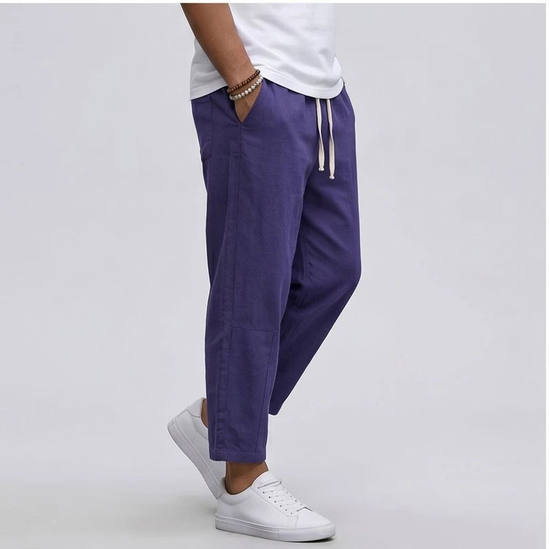 Model wearing Blue Raymond - Men’s Drawstring Relaxed Linen Pants in studio - 2