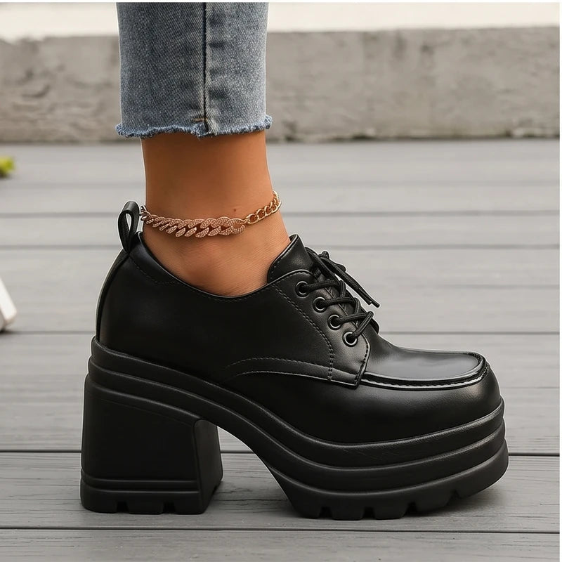 Model wearing Black Veya Chunky Platform Leather Boots outdoors - 3