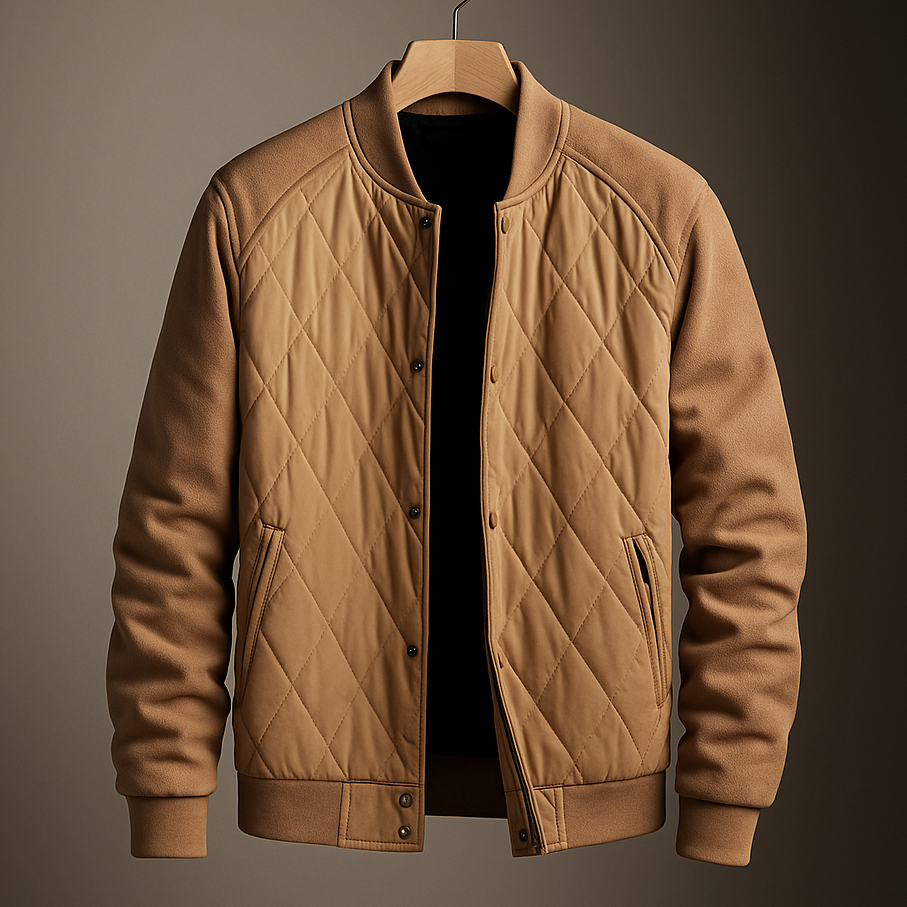 Brown quilted jacket on a hanger against a dark background