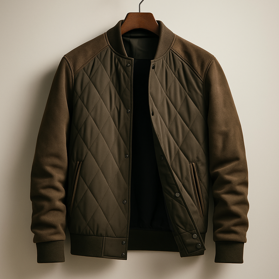 Brown quilted jacket on a wooden hanger against a beige background