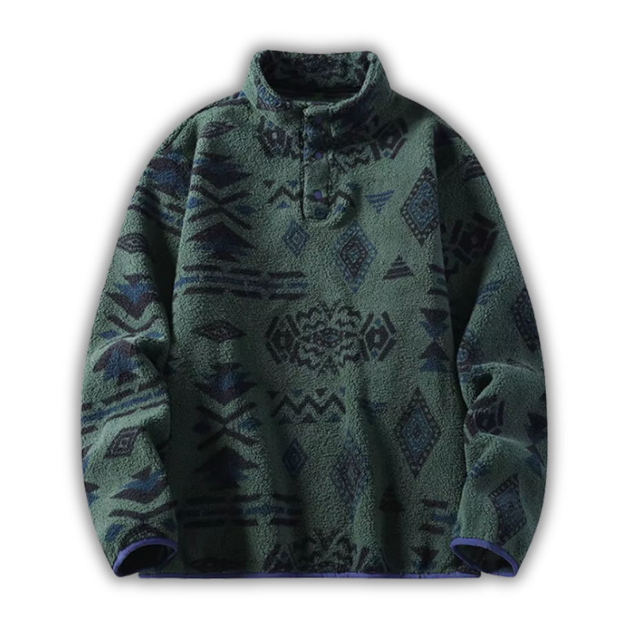 Green fleece pullover with a pattern on a white background
