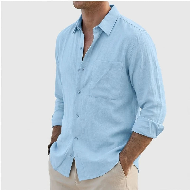 Model wearing Blue Aaron - Men’s Button-Up Casual Linen Shirt in studio - 2