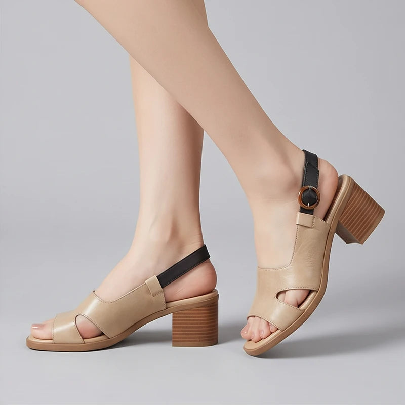 Model wearing xing Larkspur Open-Toe Block Heel Sandals in studio - 2