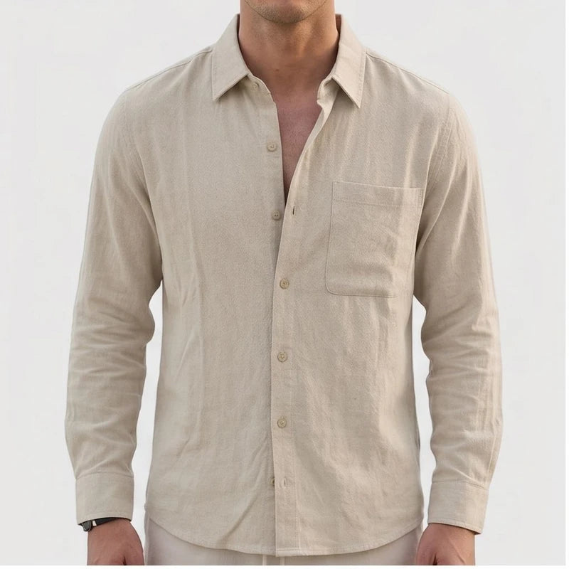 Model wearing Beige Aaron - Men’s Button-Up Casual Linen Shirt in studio