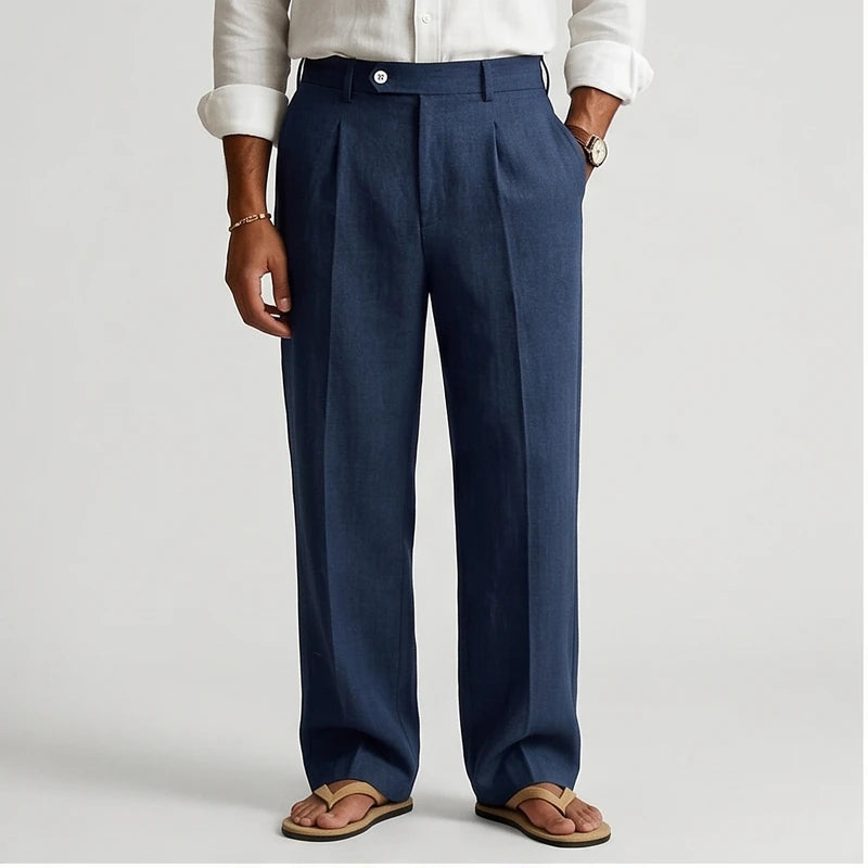 Model wearing Navy Blue Wyatt Straight Leg Linen Trousers in studio