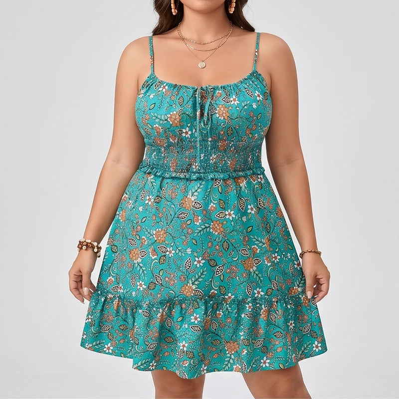 Model wearing Turquoise Darcy Floral Sling Dress in studio