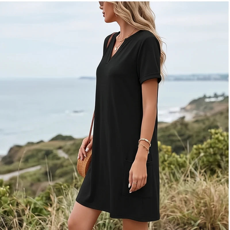 Model wearing A Women's Dress New Summer Casual V-Neck Wedding Loose Dress Short Sleeve Fashion Beach Vacation Wear dress outdoors - 3