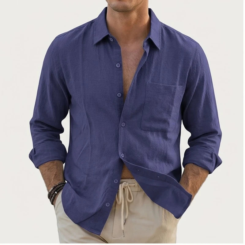 Model wearing Navy Aaron - Men’s Button-Up Casual Linen Shirt in studio