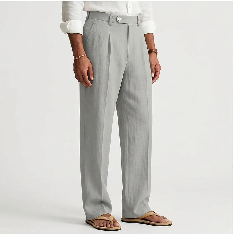 Model wearing Gray Wyatt Straight Leg Linen Trousers in studio - 2