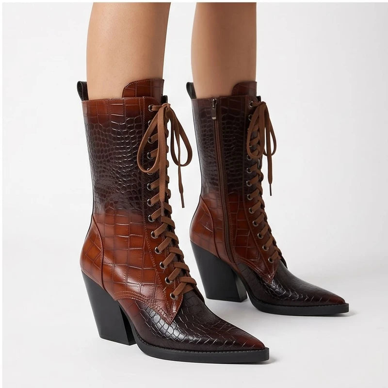 Model wearing Brown Briarwood Croc-Embossed Lace-Up Boots in studio - 3