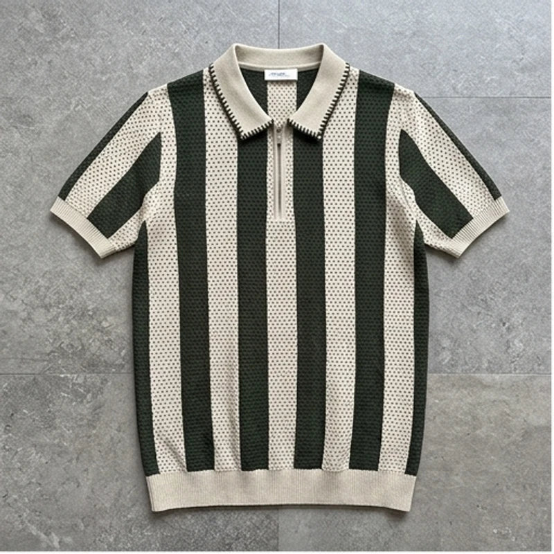 tuoxingse Men Clothes Summer Vintage Striped Ice Silk Polo Shirt Breathable Comfortable Short Sleeve Tees Casual Round Neck Slim Tops D72 flat lay product photo