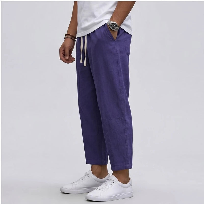 Model wearing Blue Raymond - Men’s Drawstring Relaxed Linen Pants in studio - 3