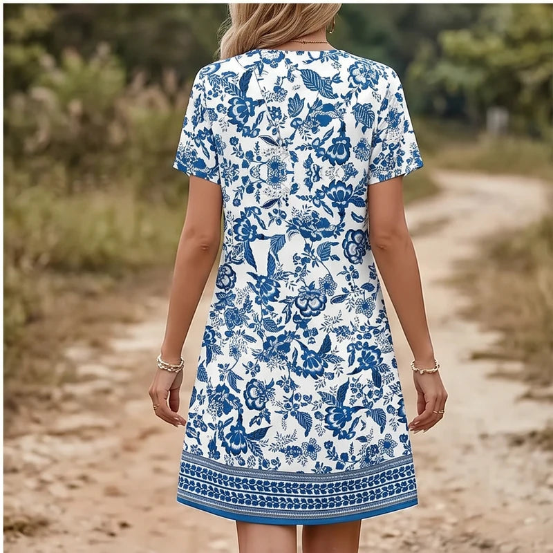 Model wearing C Women's Dress New Summer Casual V-Neck Wedding Loose Dress Short Sleeve Fashion Beach Vacation Wear dress outdoors - 2