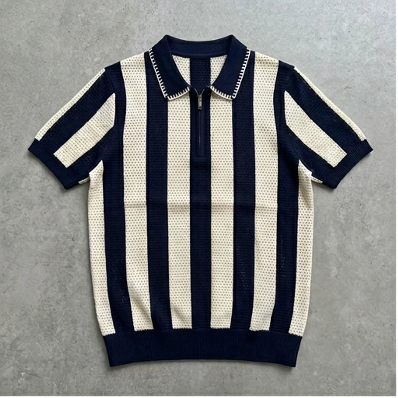 baolanse Men Clothes Summer Vintage Striped Ice Silk Polo Shirt Breathable Comfortable Short Sleeve Tees Casual Round Neck Slim Tops D72 flat lay product photo