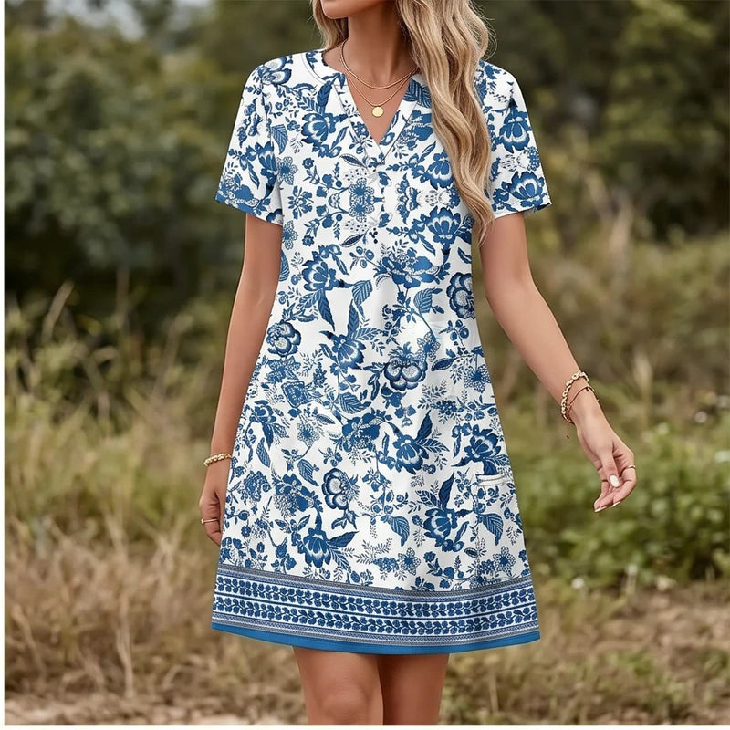 Model wearing C Women's Dress New Summer Casual V-Neck Wedding Loose Dress Short Sleeve Fashion Beach Vacation Wear dress outdoors