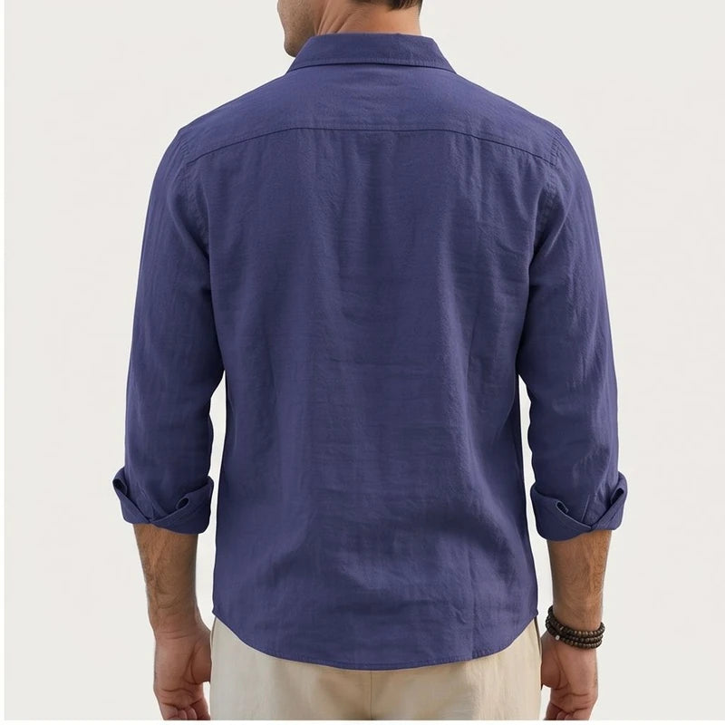 Model wearing Navy Aaron - Men’s Button-Up Casual Linen Shirt in studio - 2