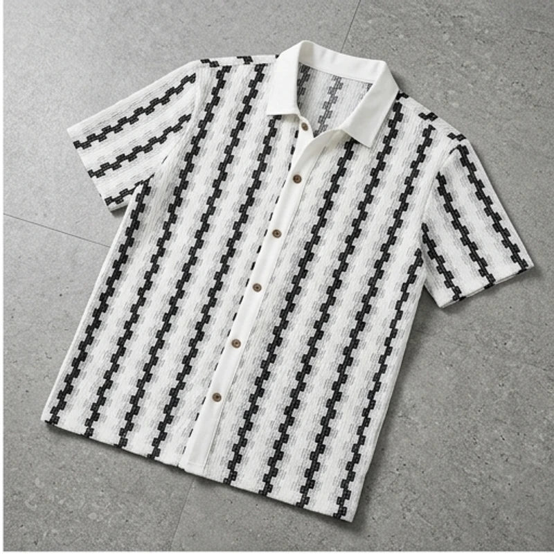 Beige 2026 New Men's Vintage Plaid Knitted Top, Lapel Contrast Color Patchwork Short Sleeve, Soft Spring Summer Casual Cardigan Shirt flat lay product photo - 2