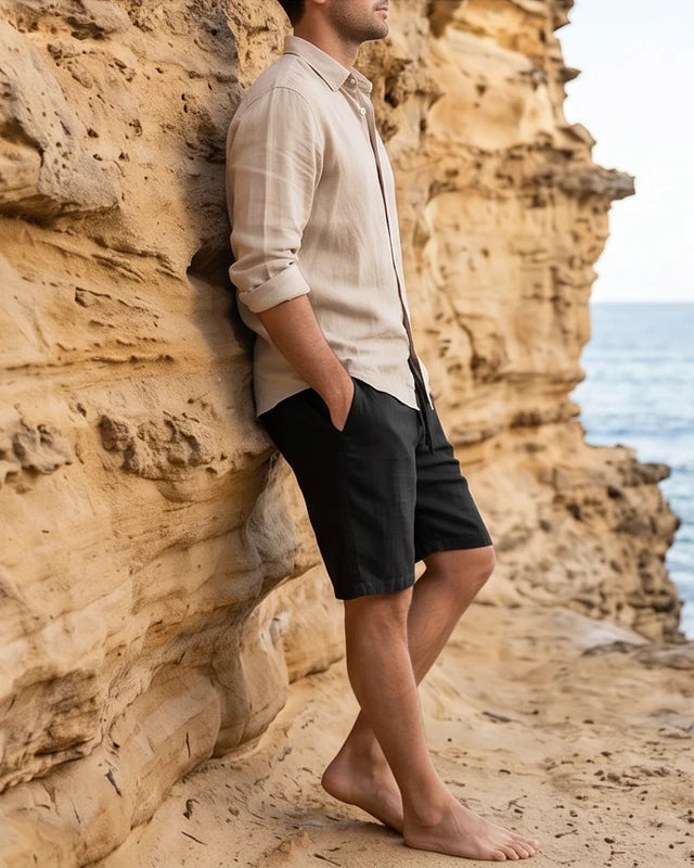 Model wearing Black Men Shorts for Men Cotton Linen Casual Breathable Beach Shorts Men's Short Sweatpants Vacation Gym Basketball outdoors - 3