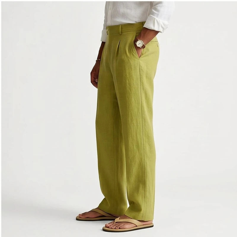 Model wearing Green Wyatt Straight Leg Linen Trousers in studio - 2
