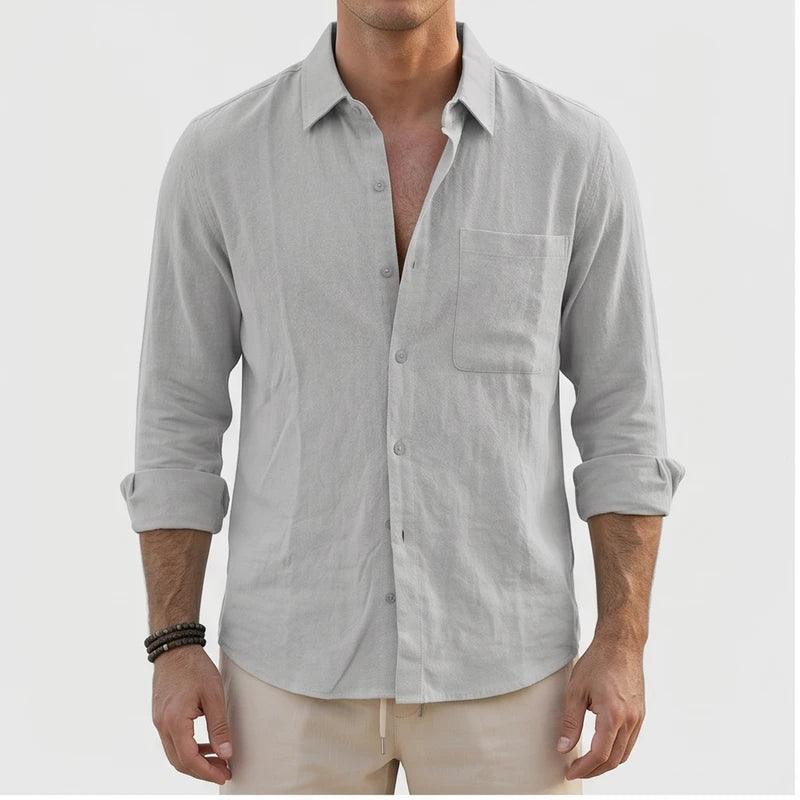 Model wearing Gray Aaron - Men’s Button-Up Casual Linen Shirt in studio