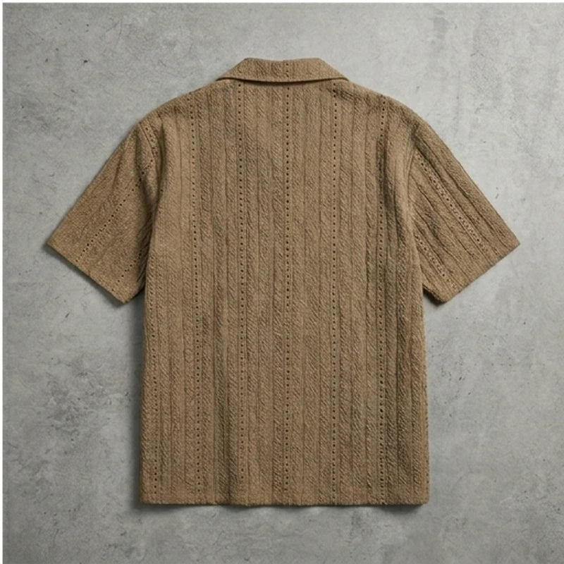 Brown Hawaii Beach Vacation Old-money Style Hollow-out Breathable Cuban Collar Short-sleeve Shirt Unisex Loose-fit Half-sleeve Shirt flat lay product photo - 3