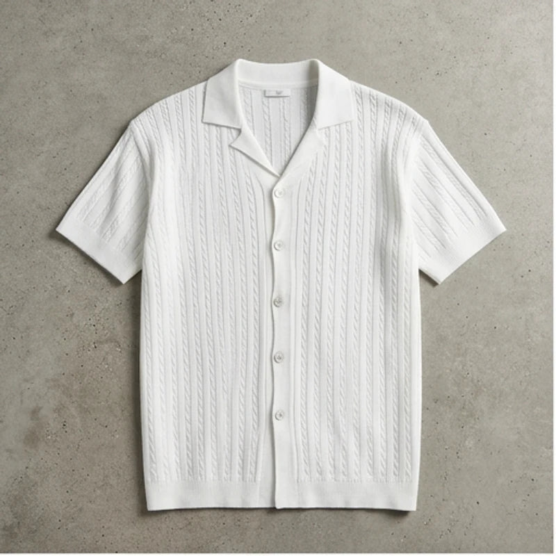 White Ice Silk Polo Shirt Men's Short Sleeve Knitted Button up Collar Business Casual Summer Fashion Lightweight Breathable flat lay product photo