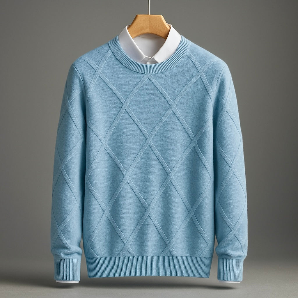 Light blue sweater with a textured pattern on a gray background