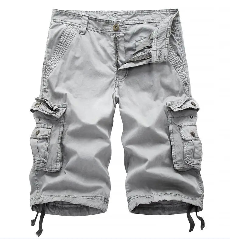 Light gray cotton Thatcher cargo shorts with multiple pockets.