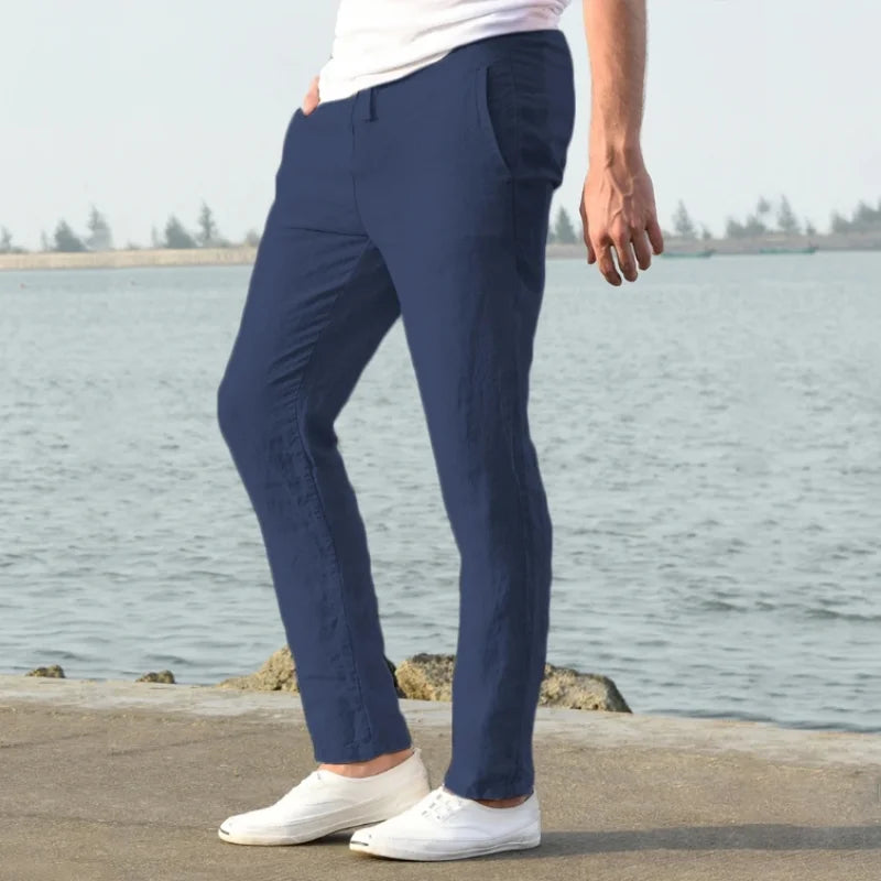 Men's navy linen trousers, casual style.