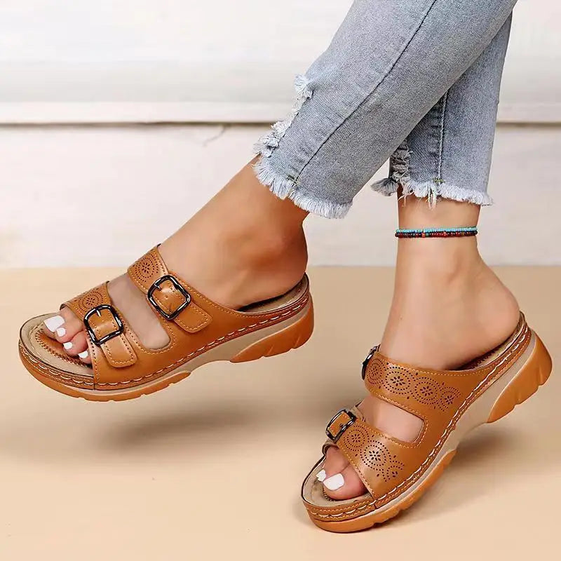 Malia Leather Wedge Slide Sandals