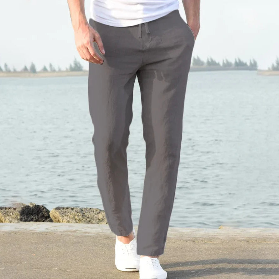 Harlow men's grey linen casual trousers.