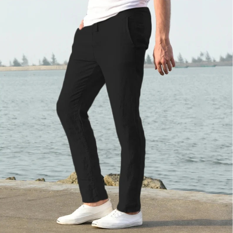 Black linen Harlow trousers with a slim fit.
