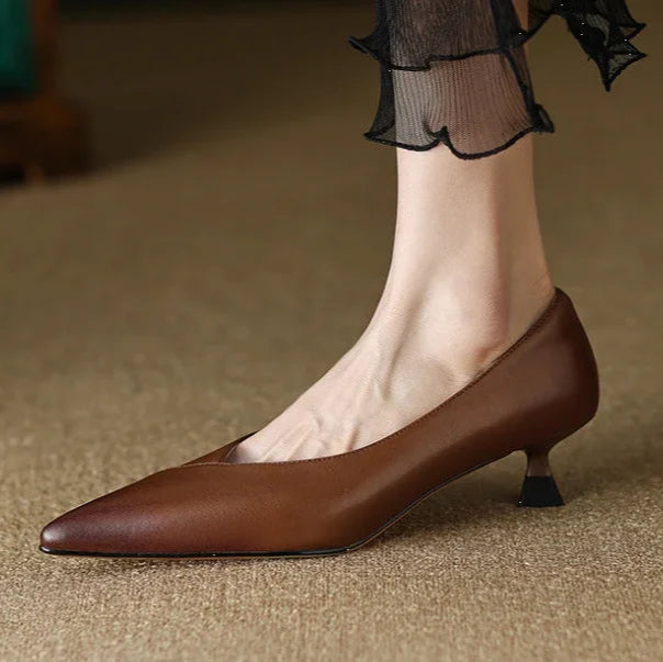 Brown high-heeled shoes worn with a blurred background