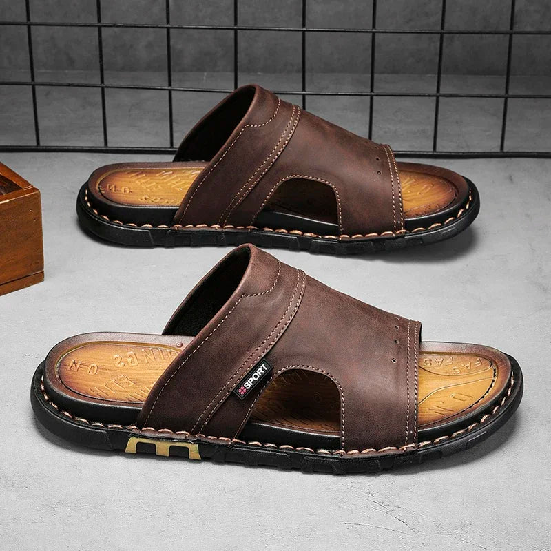 Kieran Brown Leather Slide Sandals