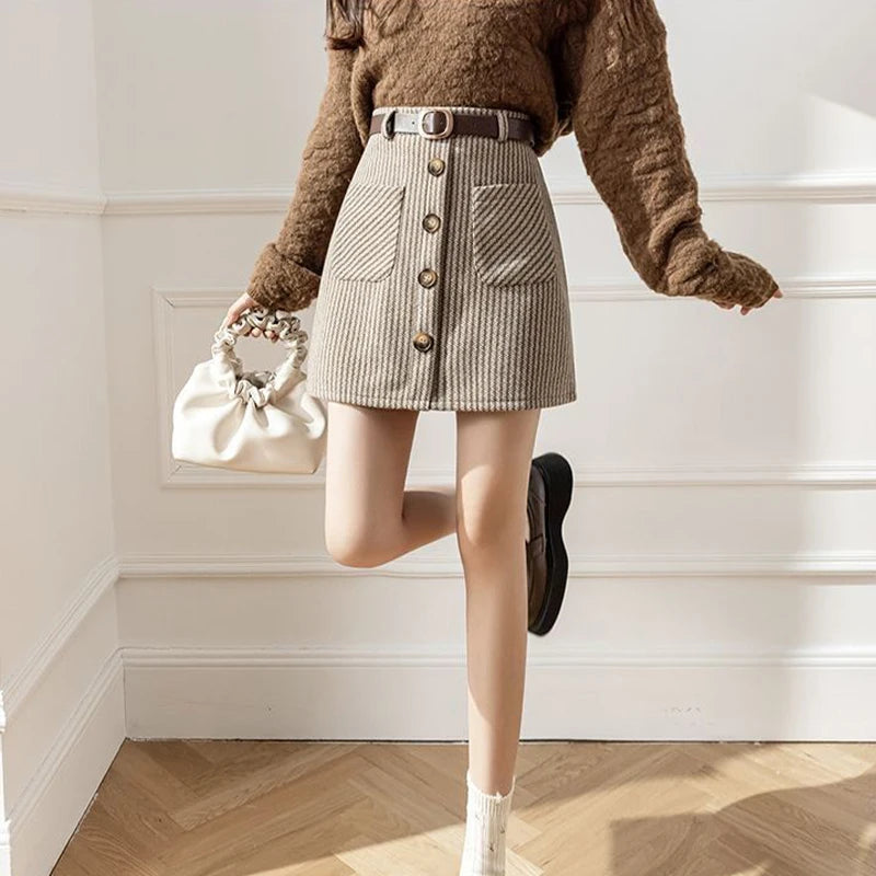 MOUKYUN Striped Autumn Winter Skirts Womens Mini Slim Belt A-line Skirts Chic Korean Fashion Button Pocket Women Skirt