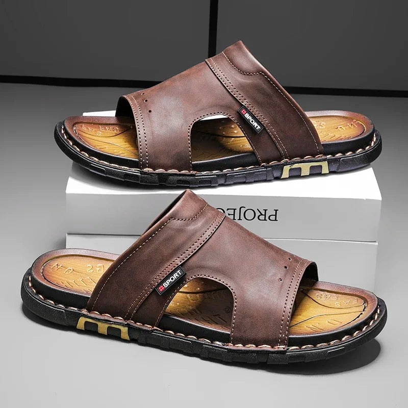 Kieran Brown Leather Slide Sandals