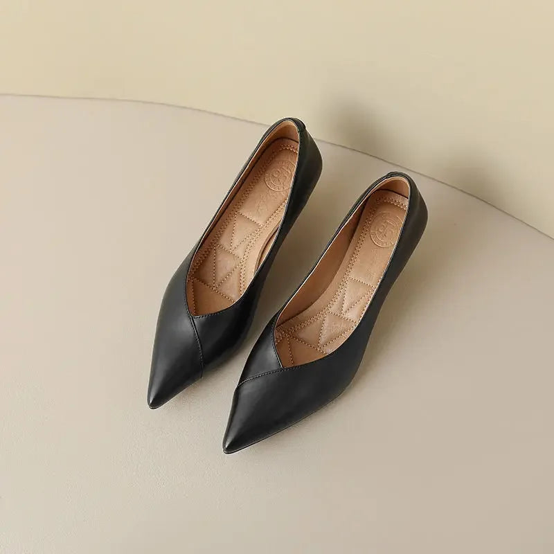 Pair of black pointed-toe shoes on a light beige surface with a neutral background