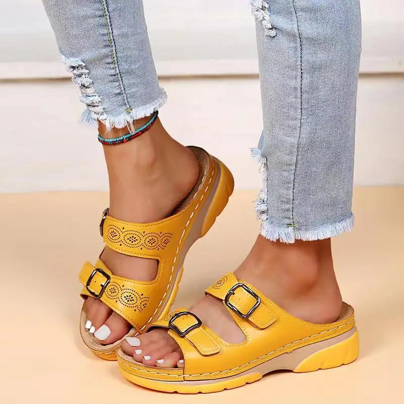 Malia Leather Wedge Slide Sandals
