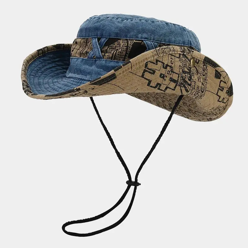 Two-patterned sun hat with a strap on a white background